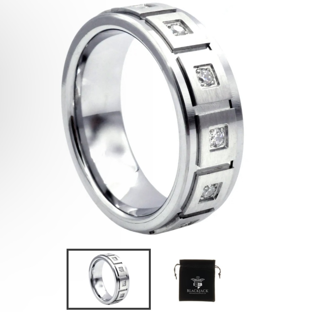 Mens Tungsten Ring with a Square Design and Imbedded Cubic Zirconia